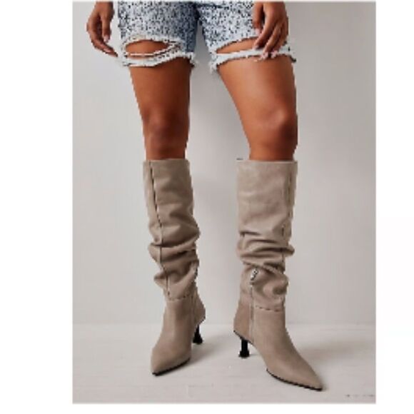 Free People Rocky Slouch Knee High Leather Boots Nickel Gray Taupe Size 7.5 NIB - Picture 2 of 13
